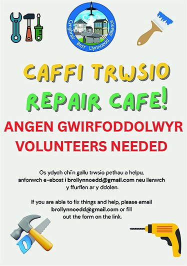 Poster - Gwirfoddolwch i'r Caffi Trwsio